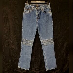 Vtg Y2K LEI dark wash denim velcro denim raised knee flared motorcycle jeans 8